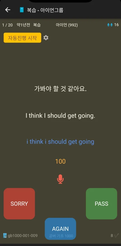 공버 앱 학습 화면 — 한글 문장과 영어 문장, 음성인식 결과와 점수 100, 마이크 버튼, SORRY·PASS·AGAIN 버튼